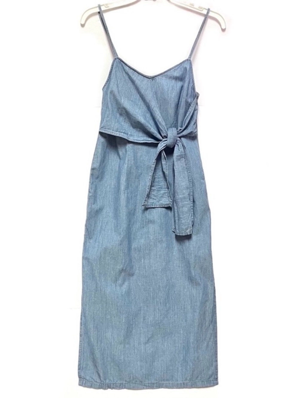 Topshop Chambray Denim Midi Dress 2 Tie Front High Slit Strappy Cotton Blue